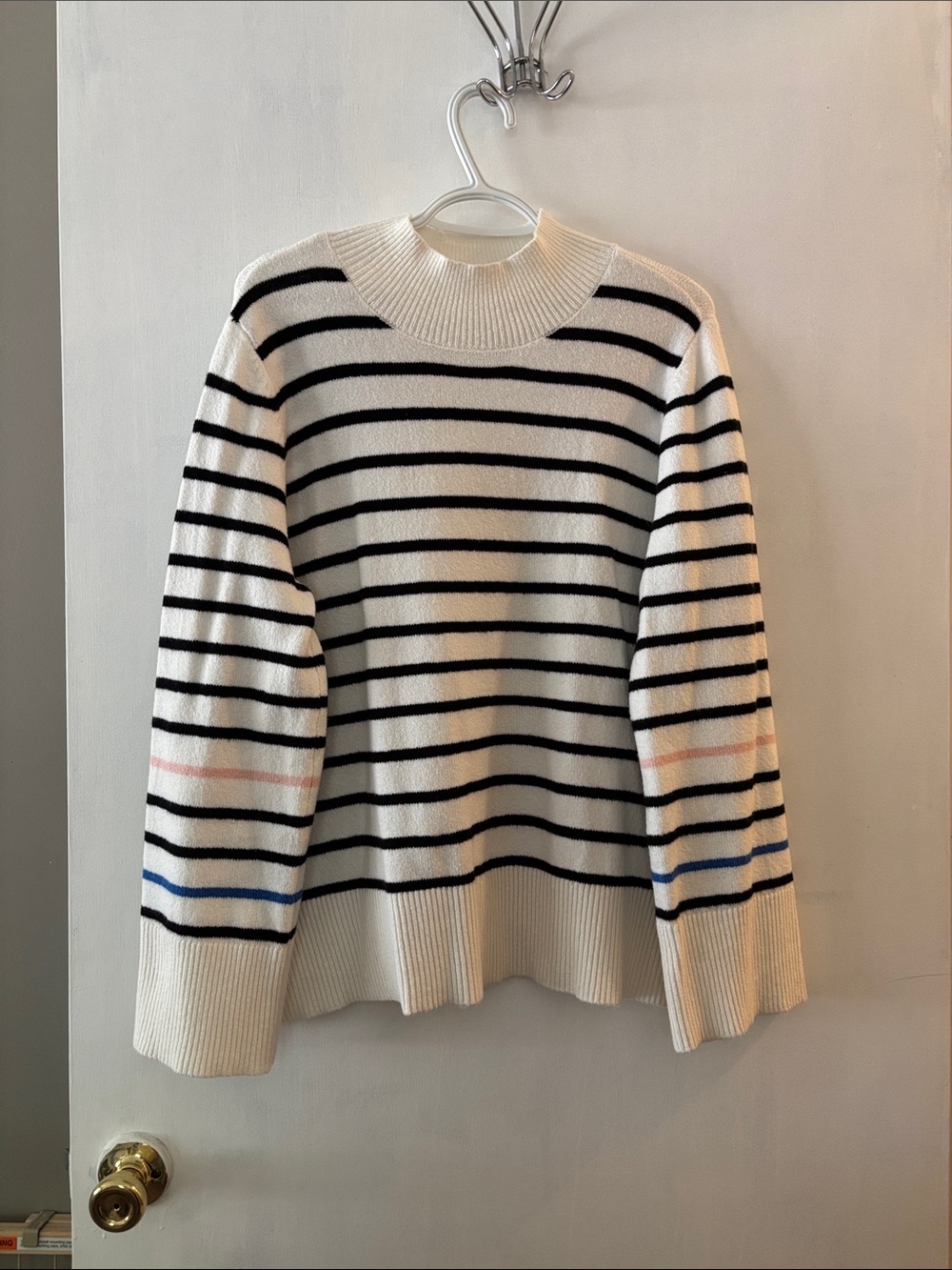 LOFT Cream Crewneck Sweater with Black Stripes and Blue & Pink Accents